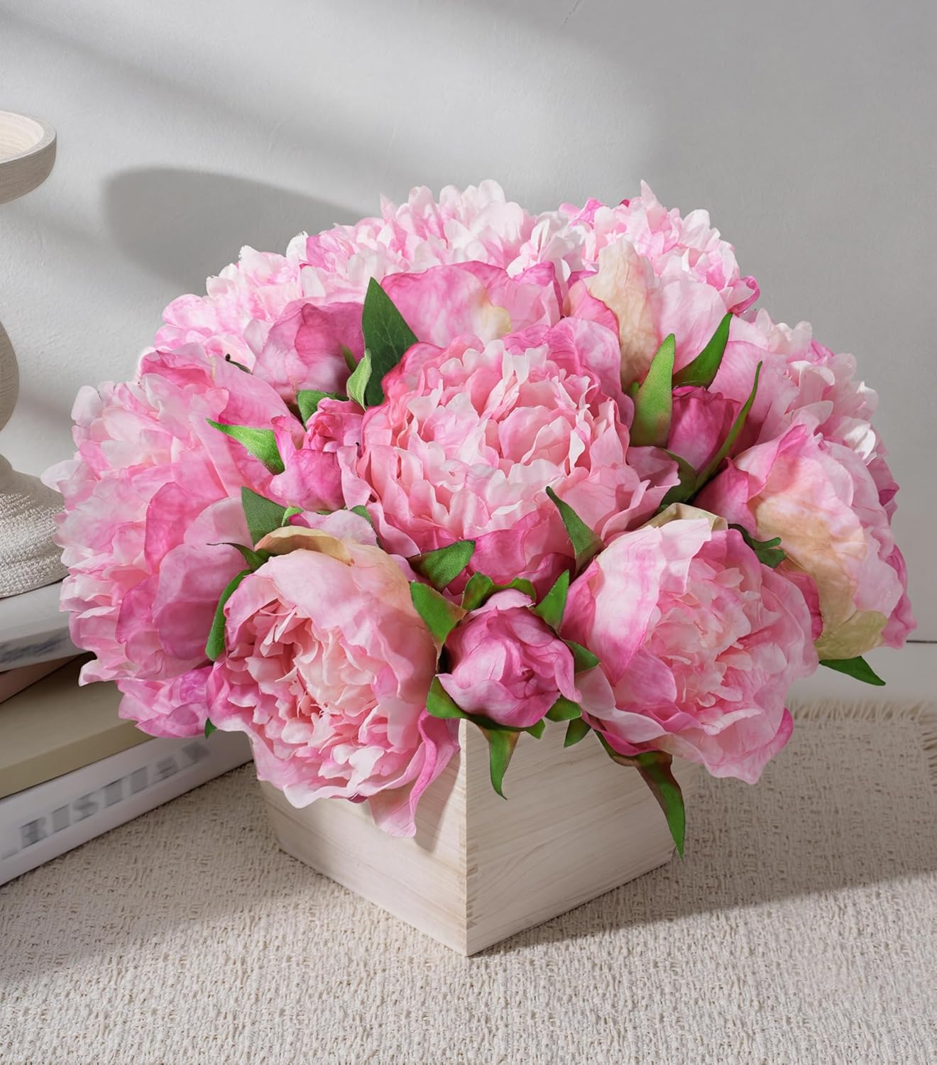 Peonies Artificial Flowers with Wood Pot, 12Pcs Pink Silk Flower Home Decor, Centerpieces for Tables, Floral Bulk with Planter, Lifelike Peony for Windows Office Dinning Room Bookshelves