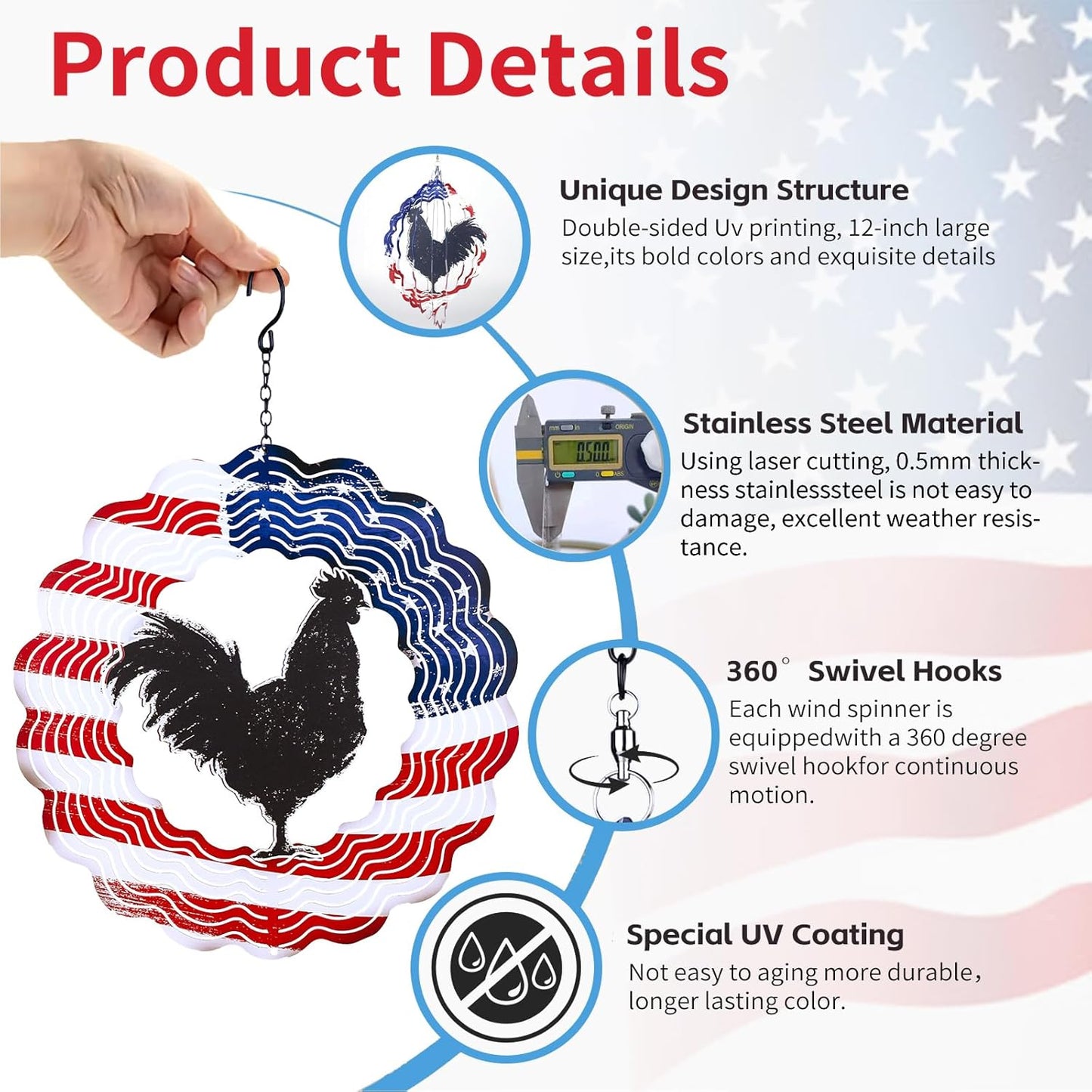 Chicken Wind Spinners 3D Hanging American Flag Wind Spinner Garden Ornament Gifts,12inch Metal Wind Kinetic Sculpture for Outdoor&Indoor,Yard Art,Garden Silhouette Decoration