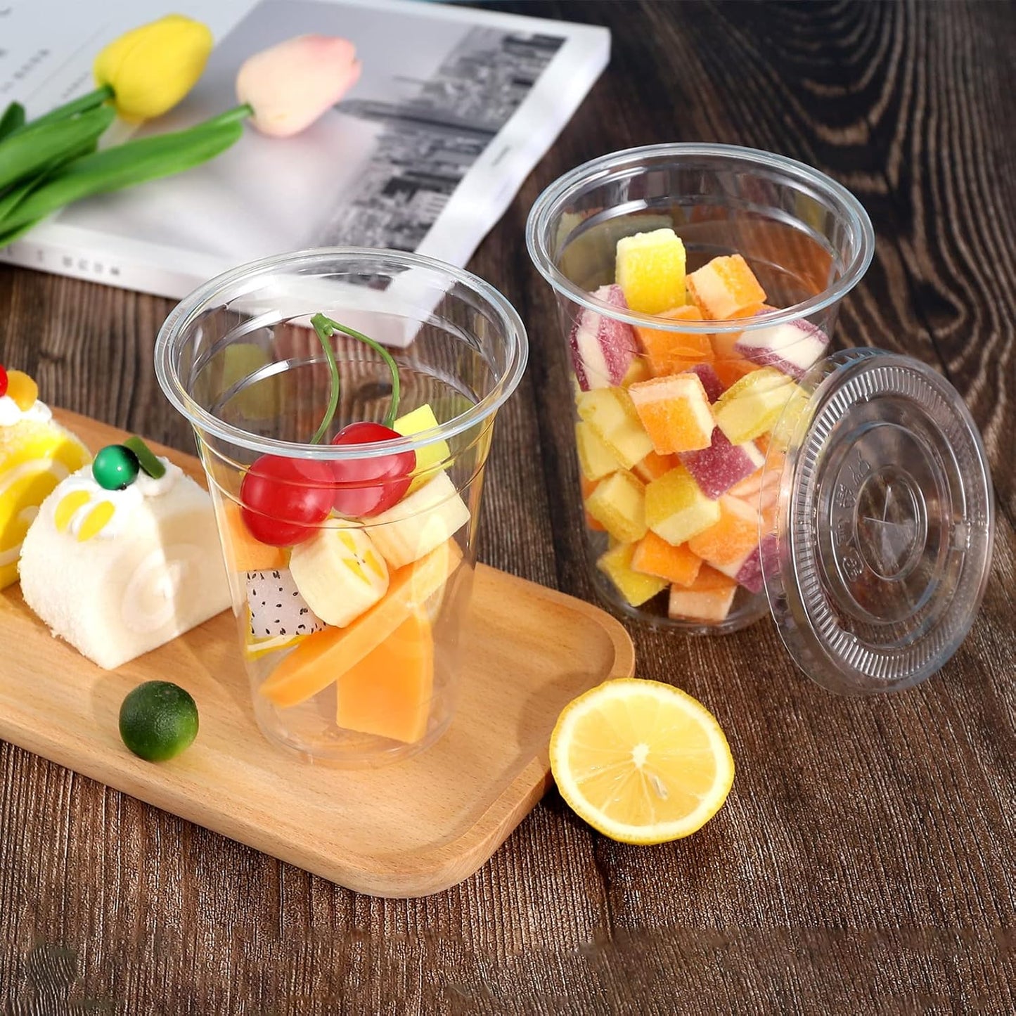 TashiBox Plastic Cups with Flat Lids 100 Sets 16 oz, Clear Crystal drink cups with lids