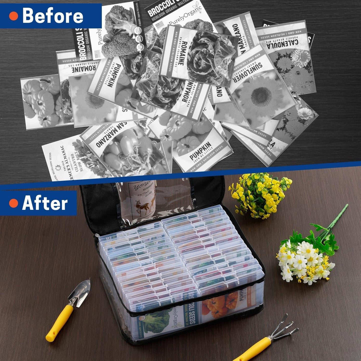 28 Slots Seed Storage Organizer Box with Clear Zipper Bag, Garden Seed Containers for Flower Vegetable Plants, Photo & Card Storage Case