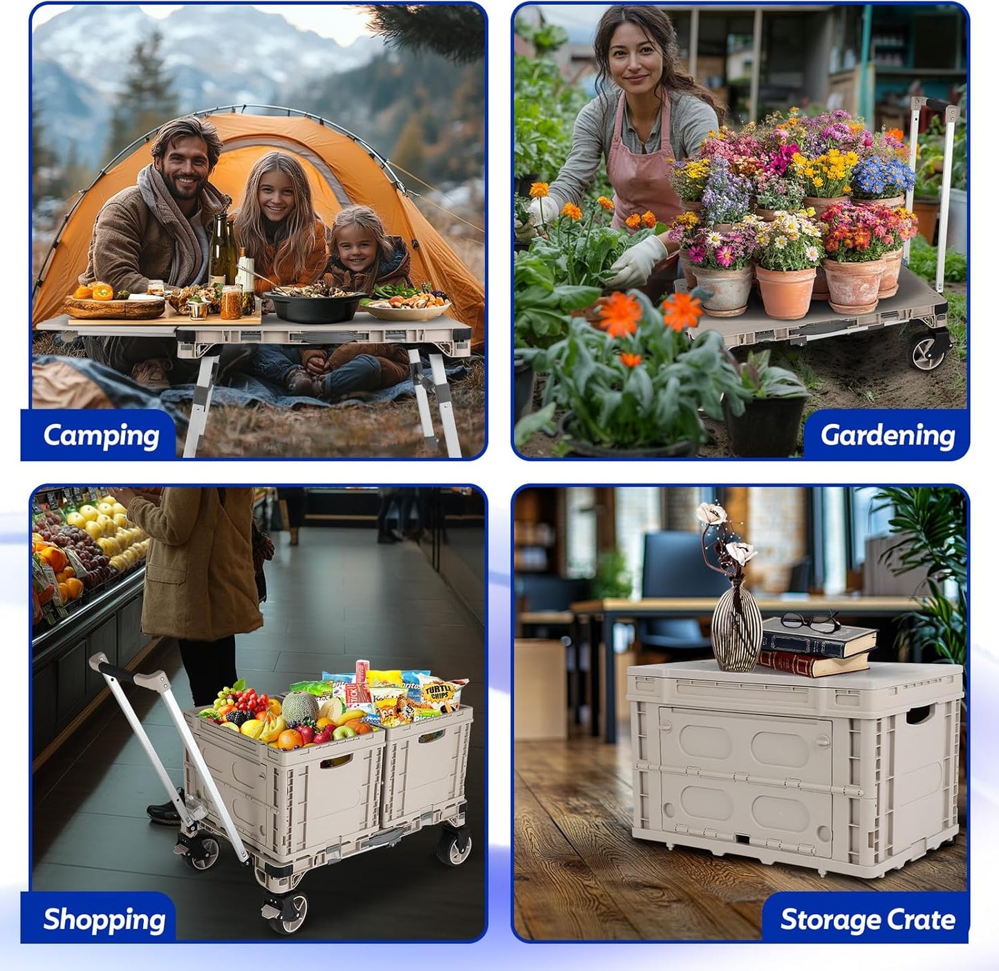 Foldable Camping Table Cart,3-in-1 Convertible Utility Wagon with 2 Lockable Storage Boxes, 360° Rotating Wheels & Adjustable Legs for Outdoor Camping, Travel & Hiking