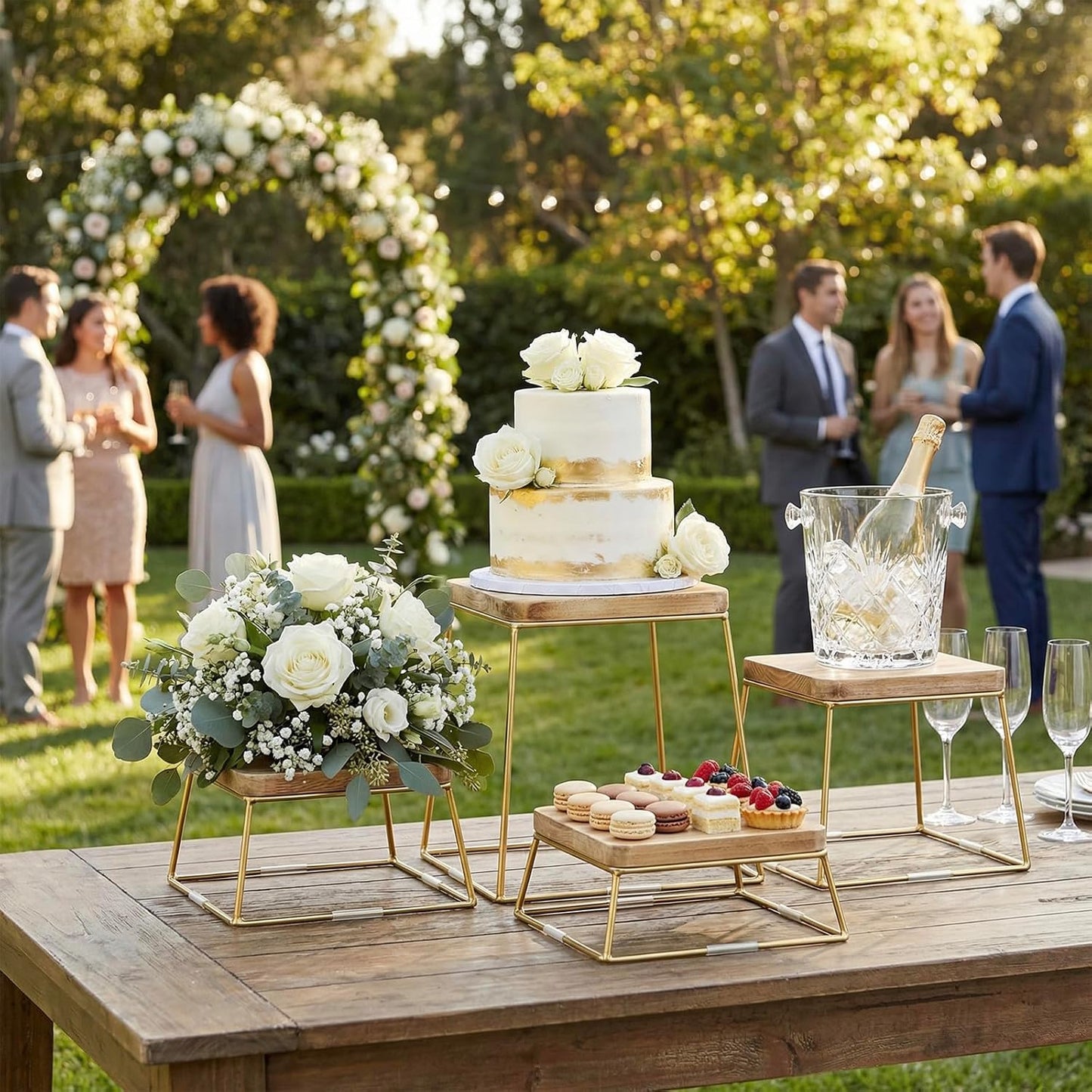 MyGift Gold Food Risers for Display Party, 4-Piece Wood Square Buffet Dessert Stands, Tiered Wooden Riser Set for Pizza, Cupcakes, Ornaments, Perfume or Retail Display