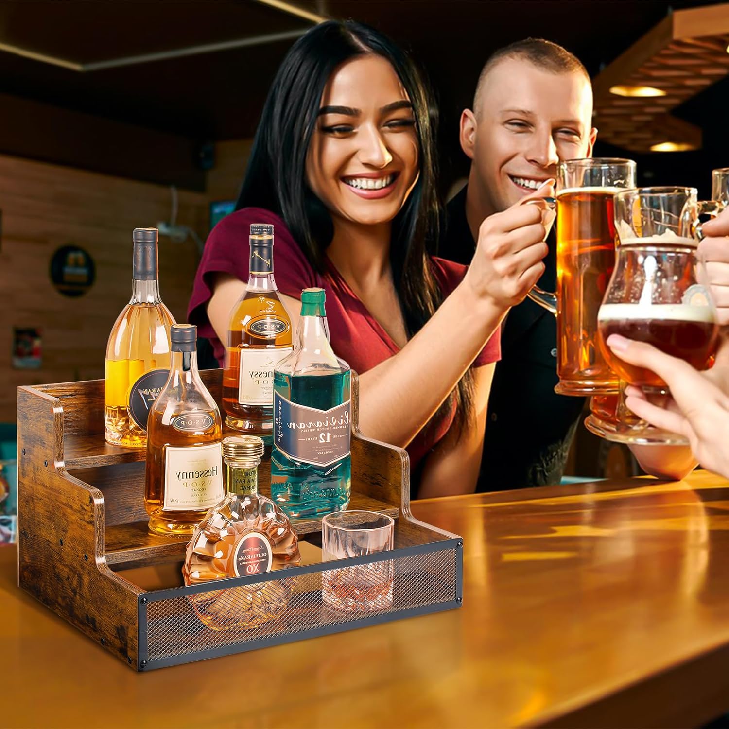 3 Step Countertop Liquor Bottle Display Shelf, Wood Bar Shelves 12 Bot