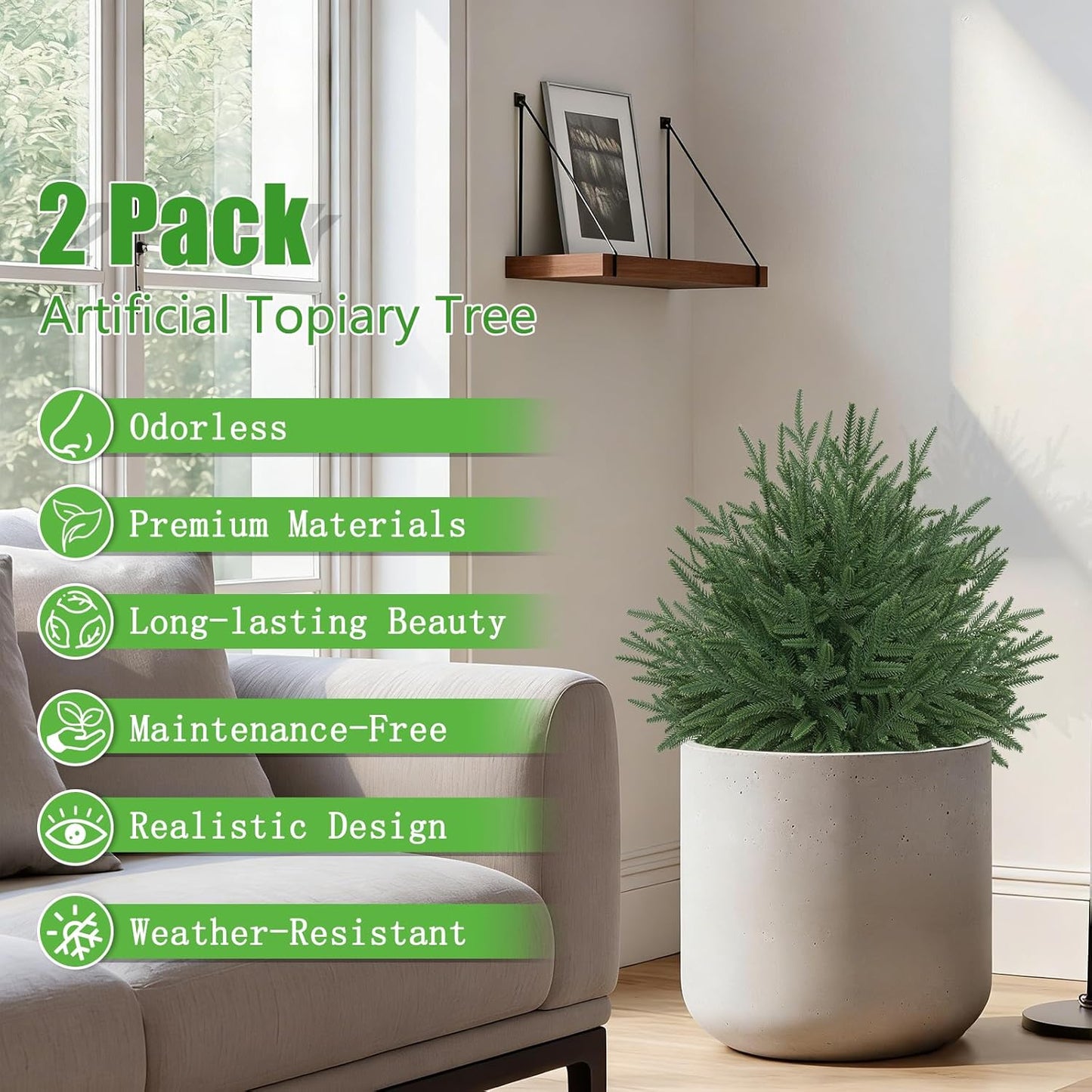 24" Artificial Topiary Trees with Ground Spike, Set of 2 Real Touch Norfolk Pine Topiary, UV Resistant Shrubs Plants Fake Cedar Tree Bushes for Outdoor Front Porch Garden Décor
