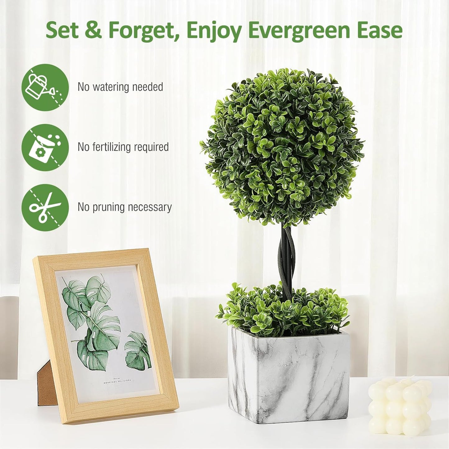 Lewondr 16'' Artificial Topiary Ball Tree, Small Potted Fake Plants, Artificial Boxwood Plants with White Planter Pot, Outdoor Indoor Realistic Faux Shrubs Tree for Home Office Porch Decor, Set of 2