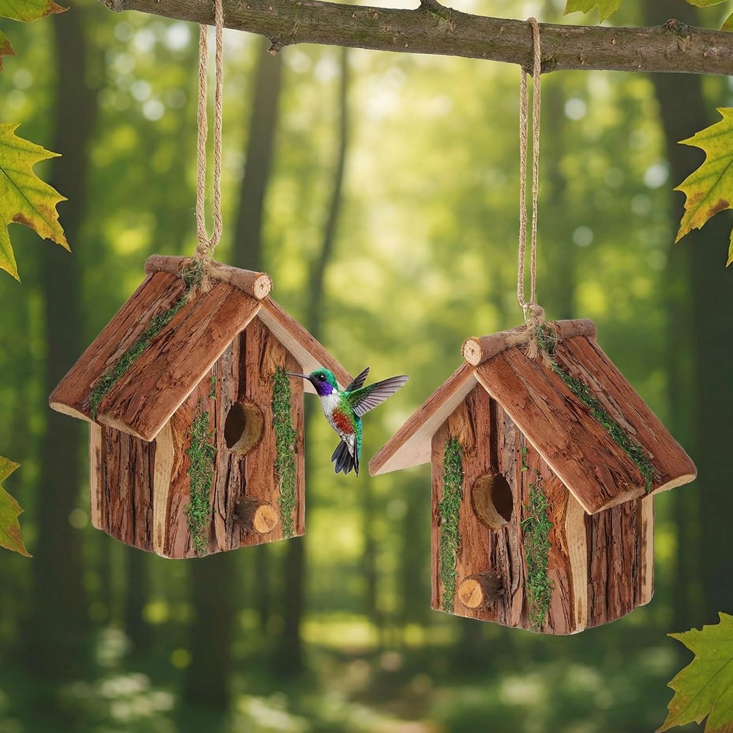 1 Pcs Birdhouses for Outside Wooden Bird House with Moss Accent Hanging Design Birdhouse Natural Bark Finish Warm and Waterproof Rustic Bluebird House Cardinal Wren Hummingbird Garden