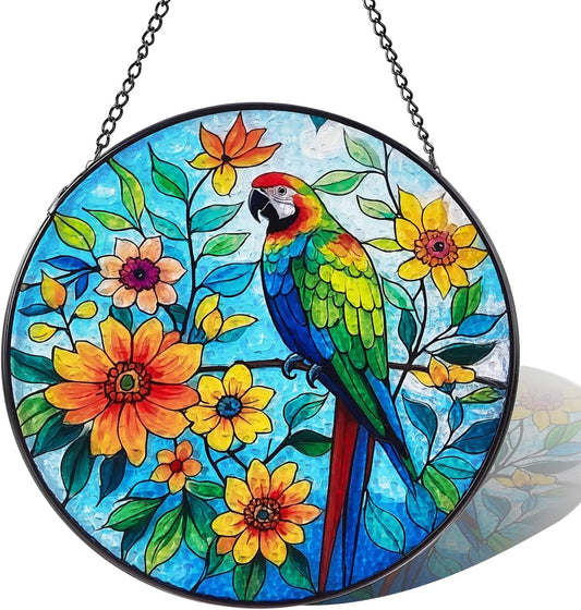 Parrot Sun Catcher Stained Glass Window Hanging, 7.8" Suncatcher Glass Panel Window Decoration, Nature Lover Gift for Women, Wall Garden Art Decor, Gift for Birthday Christmas & Holidays