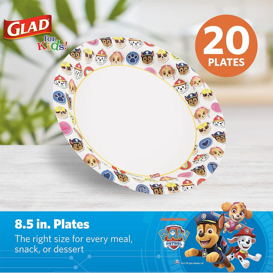 Glad for Kids Paw Patrol Disposable Paper Plates, Soak Proof and Cut Resistant Kids Plates, Microwave Safe for Meals and Snacks, Party and Everyday Use, Emojis Design, 8.5 Inch, 20 Count