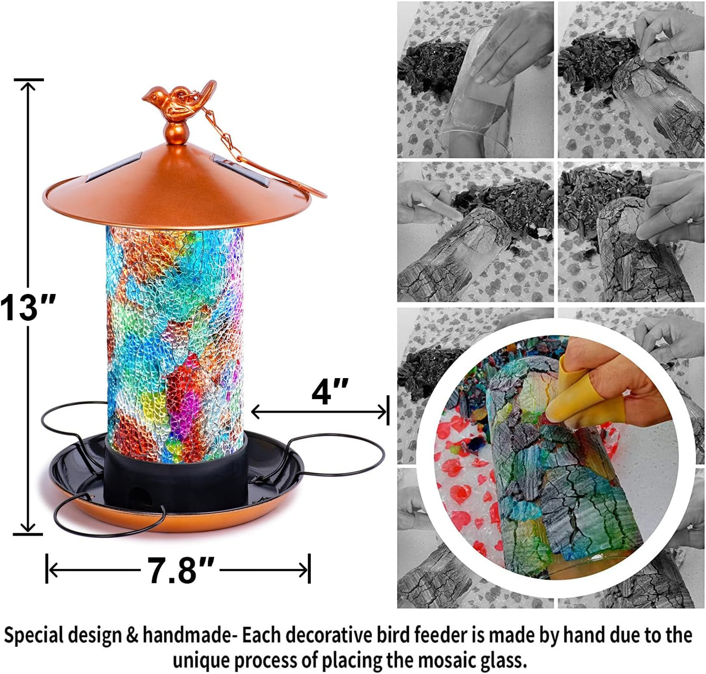 Ottsuls Mosaic Solar Bird Feeder for Outdoors Hanging, Waterproof Lantern Shape with S-Hook & 4 LED Lights, Garden Decor for Lawn, Patio, Balcony, Yard - Unique Gifts for Bird Lovers