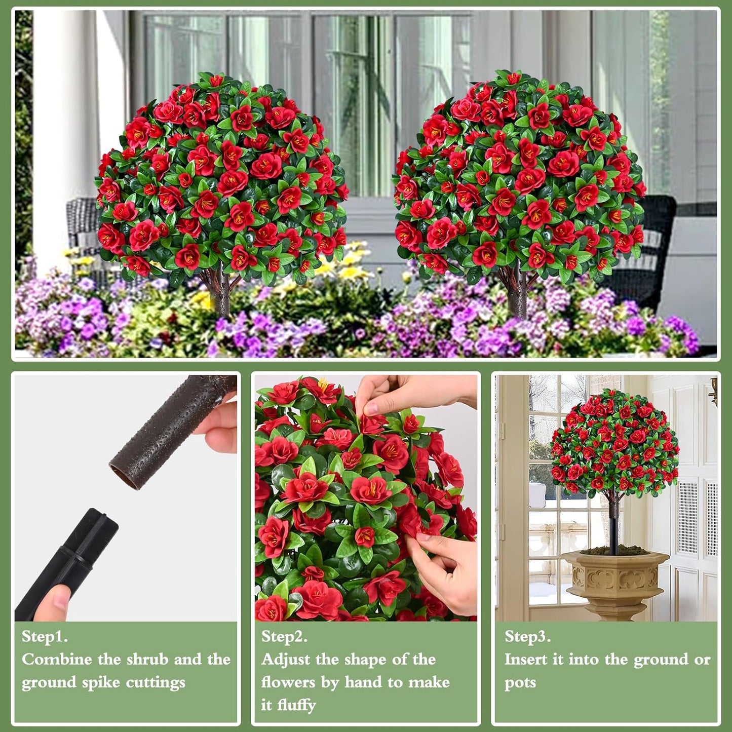Waipfaru 2 Pack Artificial Flowers Topiary Ball Trees for Outdoors, 24" Fake Bushes Plants, UV Resistant Faux Shrubs with Ground Spike for Front Porch Planters Patio Garden Yard Decor(Red)