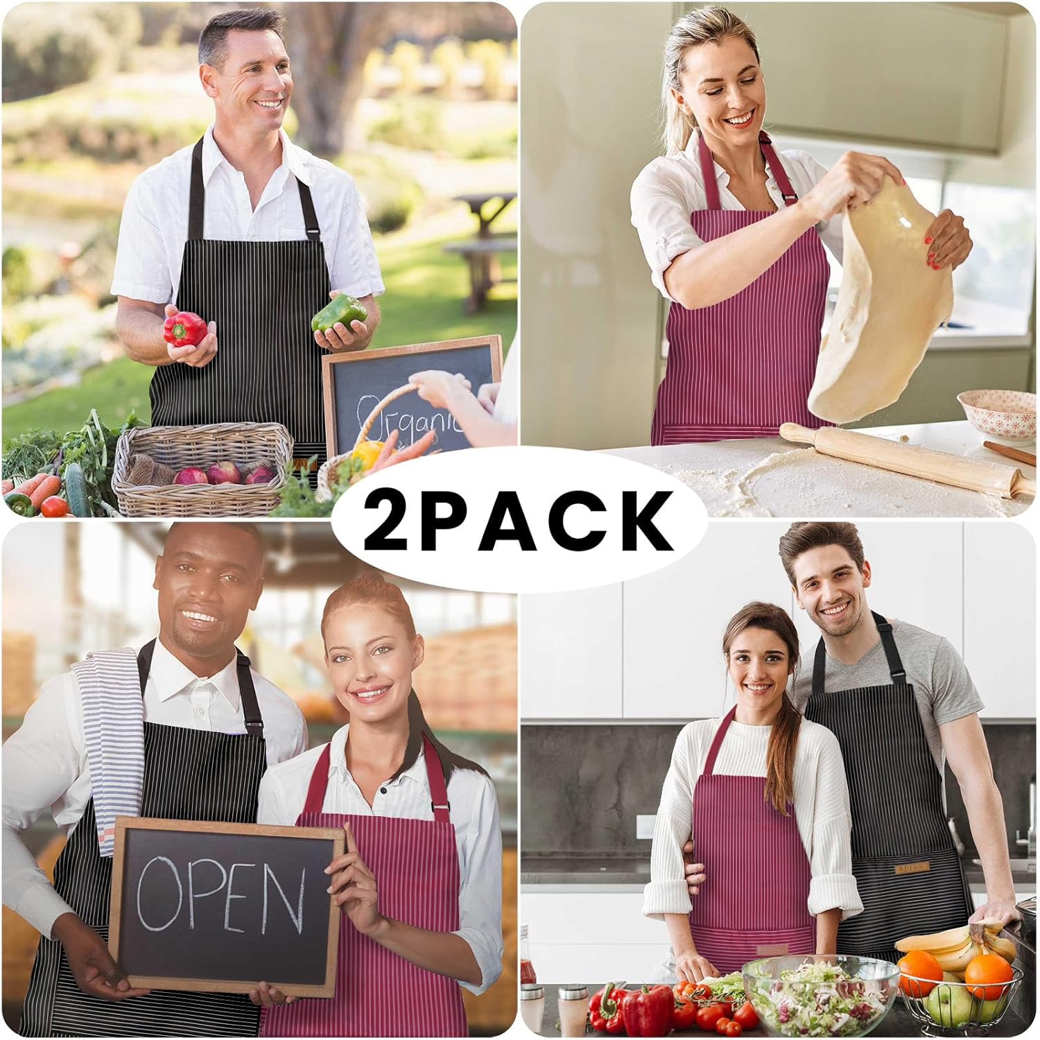 2 Pack Adjustable Bib Apron with 2 Pockets Chef Cooking Kitchen Restau