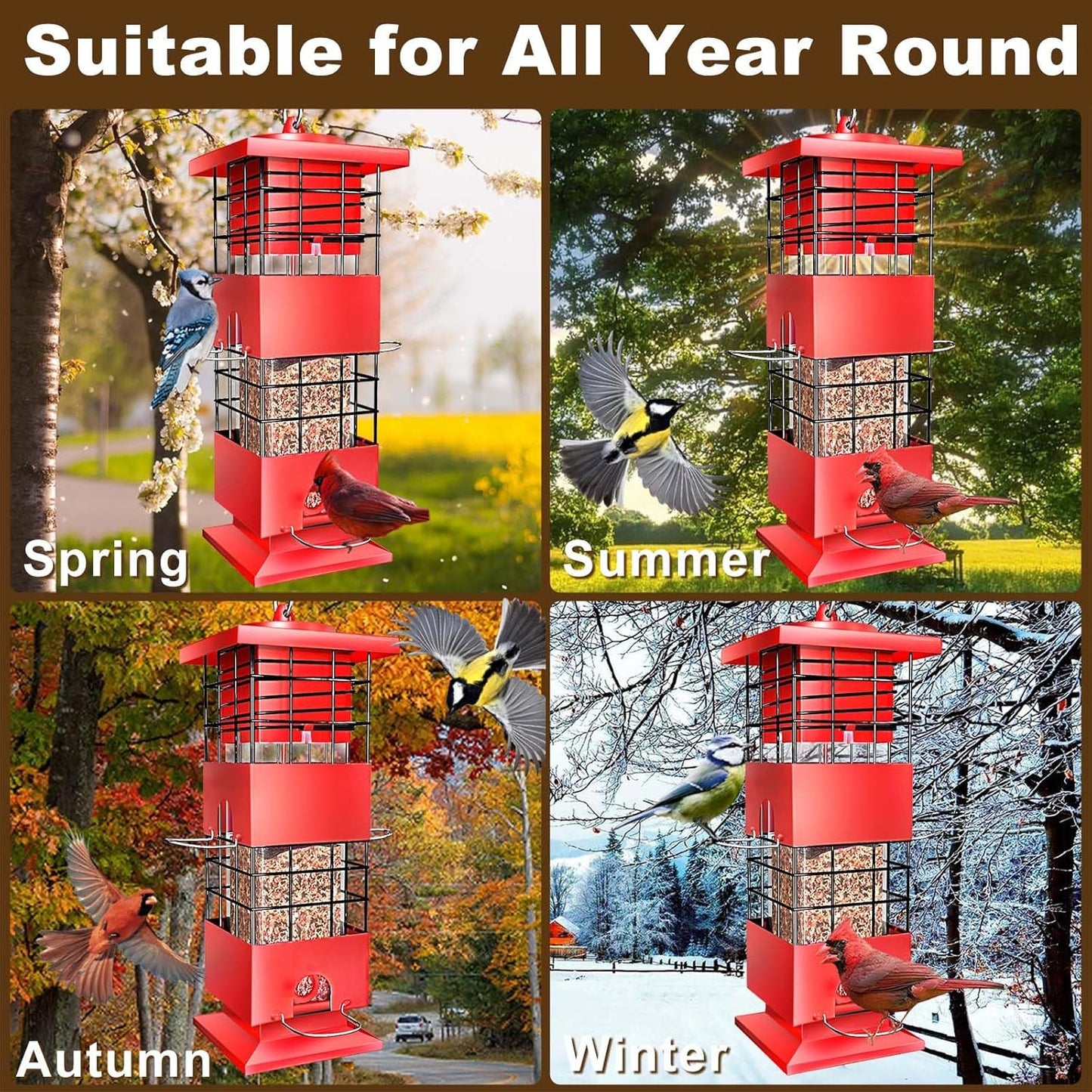 Bird Feeders Squirrel Proof for Outdoors, 3LBS Metal Hanging Bird Feeders, Weight-Activated Perches Anti-Squirrel Birdfeeder for Blue Jay, Cardinal, Outside (Red)