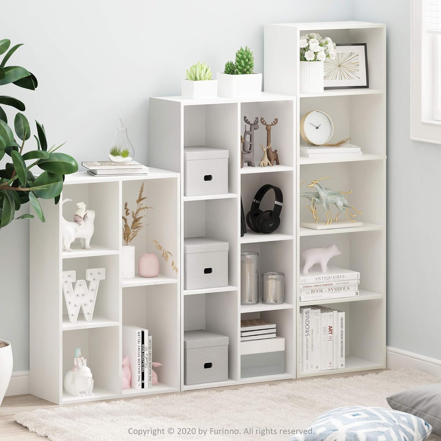 Furinno LUDER Book Shelf, 5-Cube Bookshelf, Reversible Bookcase, 9.4 x 19.5 x 31.5, for Living Room, Bedroom, Home Office, White