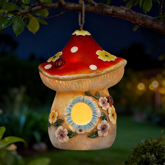 Garden Bird Houses for Outside with Solar Light, Bird Houses for Outside Hanging, Decorative Mushrooms Birdhouse for Bluebird Hummingbird Sparrow, Hummingbird Gifts for Women