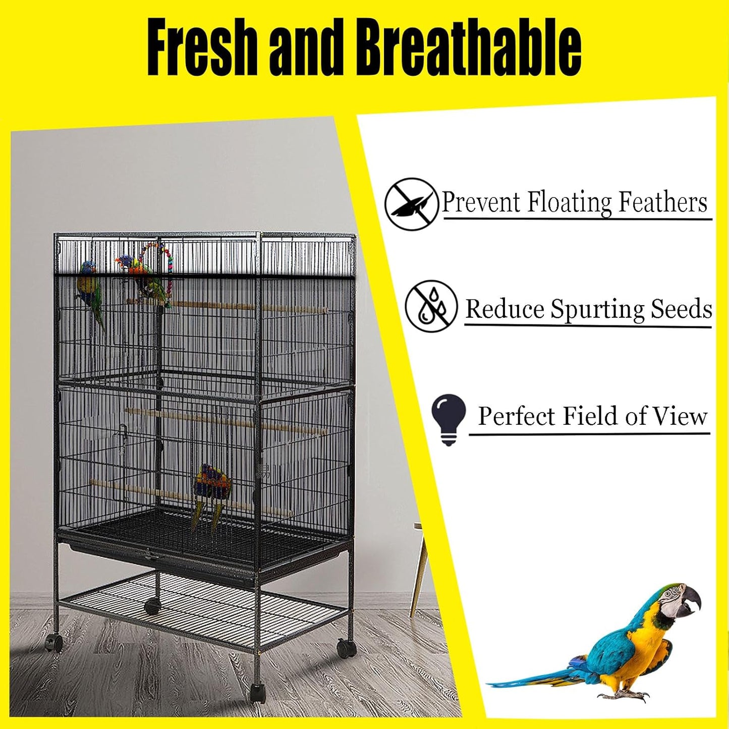 Bird Cage Seed Catcher Large Bird Cage Cover 118 * 31 inches Adjustable Net Cover,Black Nylon Mesh Birdcage Skirt Guard for Parrot Macaw Round Square Cages (1, Black, 118 * 31 inches)