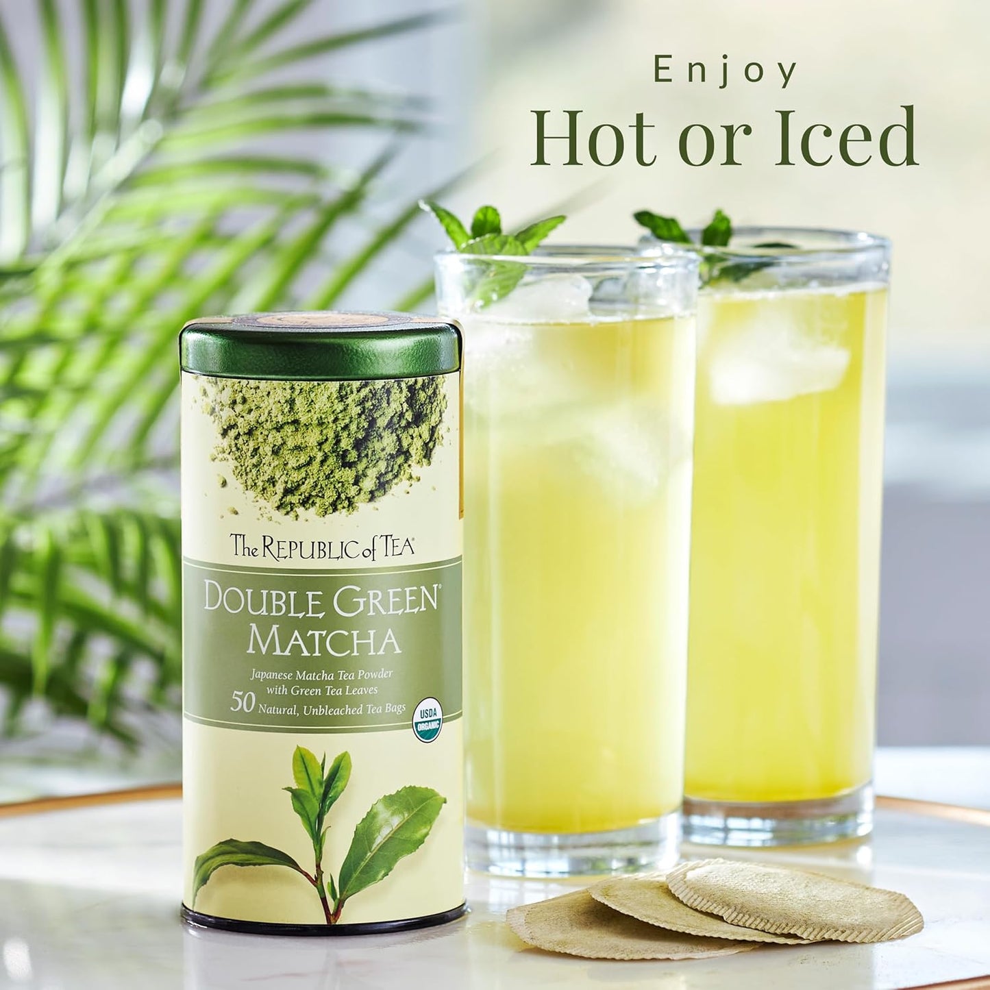 The Republic of Tea Organic Double Green Matcha, Individual Tea Bags with Japanese Matcha Tea Powder and Green Tea Leaves Blend, Natural Unbleached Bags in Reusable Tin Canister, 50 Tea Bags