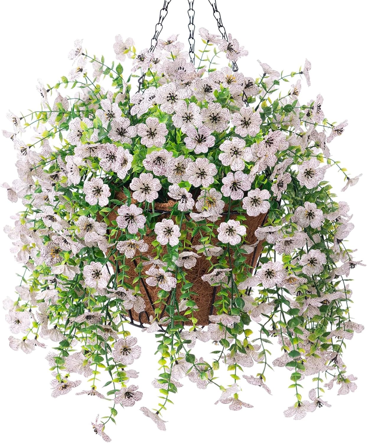 Artificial Fake Hanging Flowers Plants with Basket Spring Outdoor Decor,Faux Silk Flowers with Eucalyptus in Planter No Fade Flower in Basket for Farmhouse Home Garden Porch Patio Balcony(White)