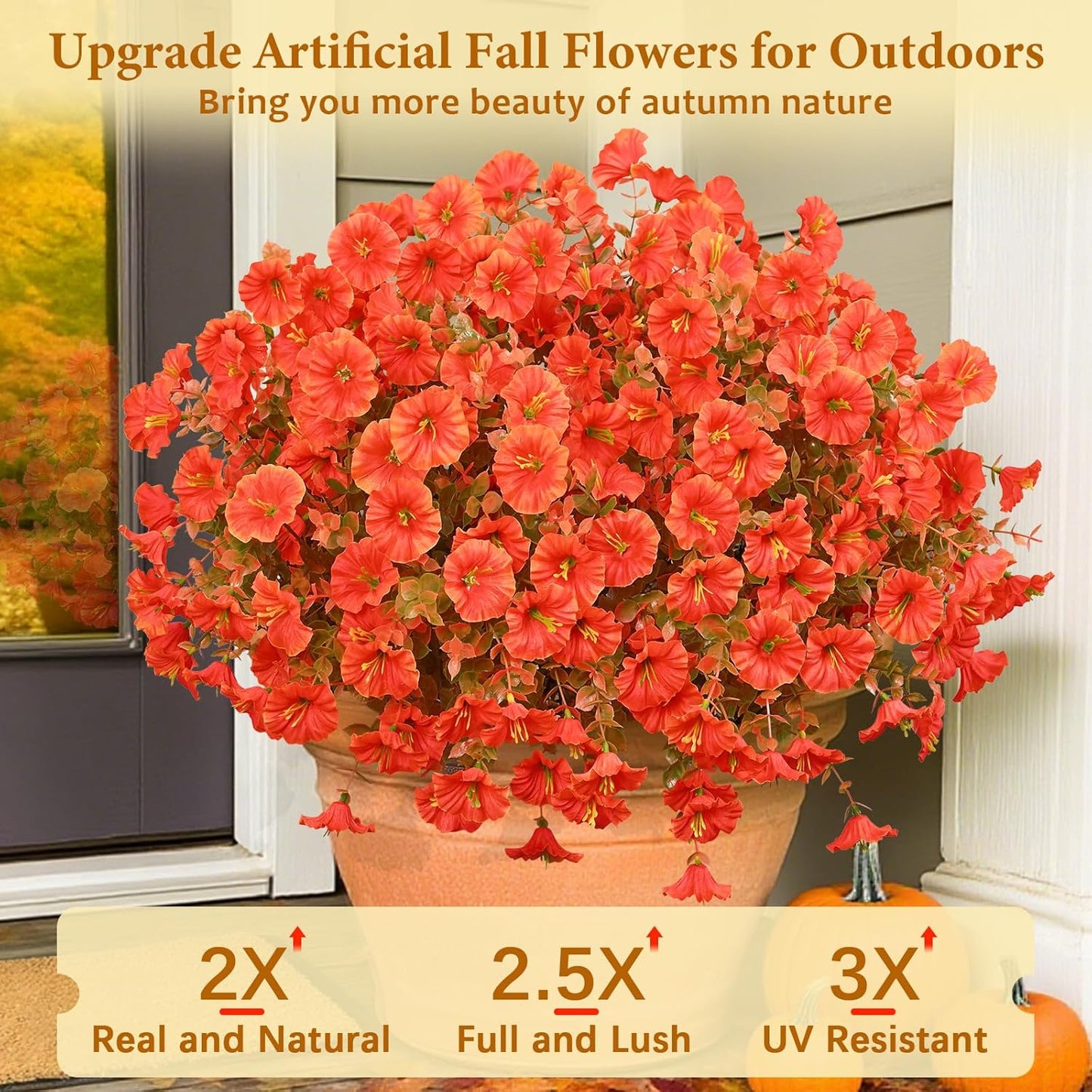 MARTINE MALL Artificial Fall Flowers for Outdoors, 12 Bundles Faux Fall Flower for Outdoor Planters, UV Resistant Fall Flowers Artificial for Outdoors Fake Autumn Petunias for Front Porch (Orange)