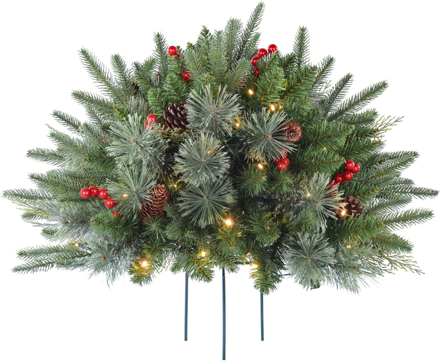 1 Pcs 30 Inch Christmas Tree Green Outdoor Planter Pots Filler Prelit Xmas Pine Trees with Cones and Red Berries 50 Warm White LED with 8 Light Modes and Timer for Yard