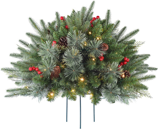 1 Pcs 30 Inch Christmas Tree Green Outdoor Planter Pots Filler Prelit Xmas Pine Trees with Cones and Red Berries 50 Warm White LED with 8 Light Modes and Timer for Yard