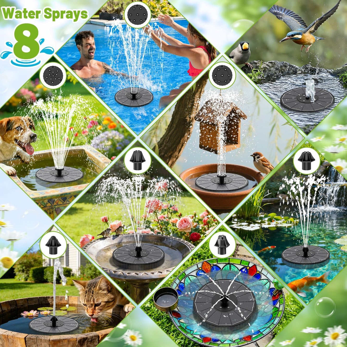 Solar Fountain with 3 Spray Height, Colorful Led Lights, 3.5W Glass Solar Bird Bath Water Fountain with 2000mAh Battery, 4 Rotating Rods and 7 Nozzles for Hummingbird Bathing, Outdoor Decor