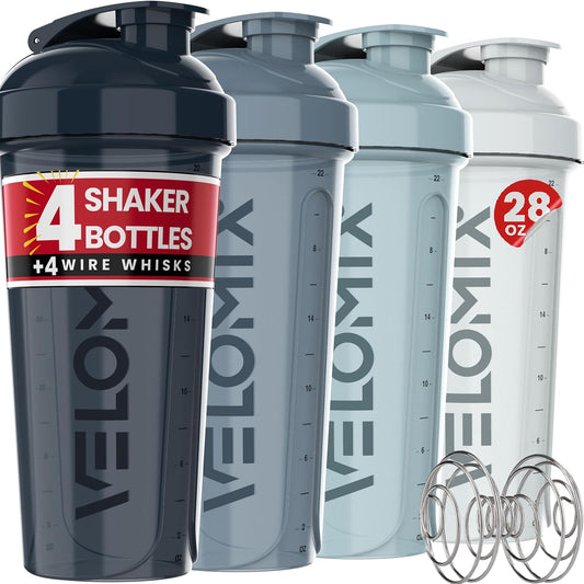 VELOMIX -4 PACK 28 Oz Protein Shaker Bottle for Protein Mixes - 4x Wire Whisk | Leak Proof Shaker Cups for Protein Shakes | Large, Stackable Protein Shaker Bottle Pack | Dishwasher Safe (Aqua Depths)