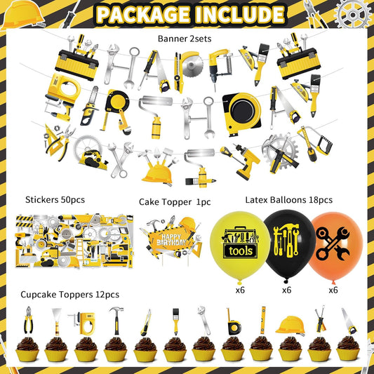 Tools Birthday Party Decorations, Tools Party Supplies Includes Happy Birthday Banner, Balloons, Cupcake Toppers, Cake Topper, Stickers for Tools Party