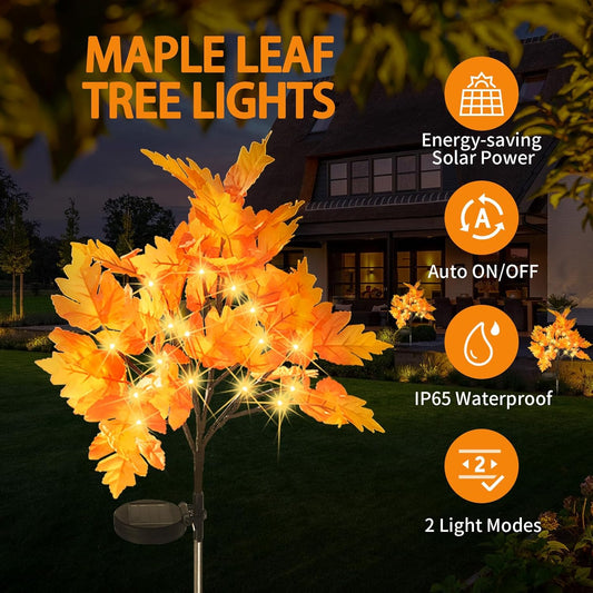 2 Packs Solar Prelit Fall Tree Lights for Outdoor Thanksgiving Decorations, 2 Modes Thanksgiving Solar Lights, Waterproof Maple Tree Solar Fall Lights for Fall Yard Patio Garden