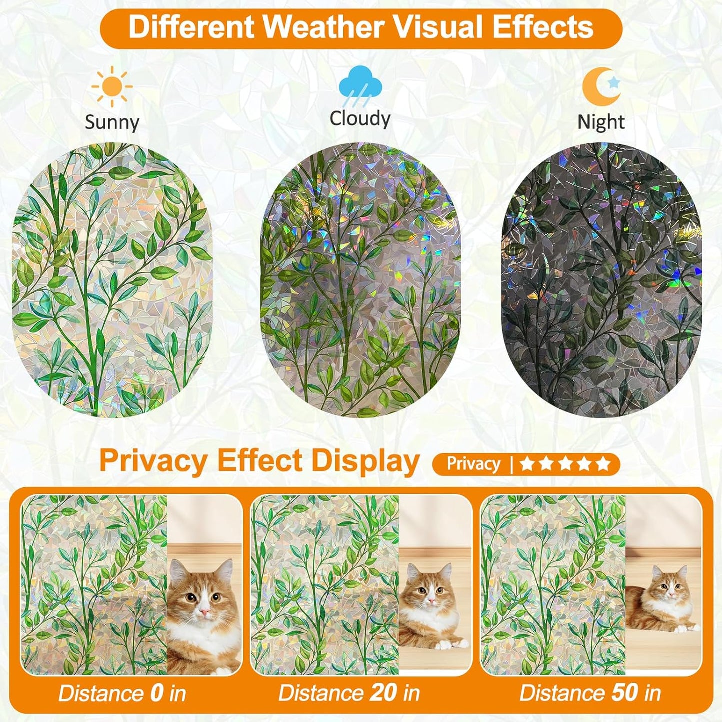 Window Privacy Film Stain Glass Window Film Rainbow Window Film Window clings Non-Adhesive Reusable Decorative for Room (Leaf Rainbow, 17.5 x 78.7 in)