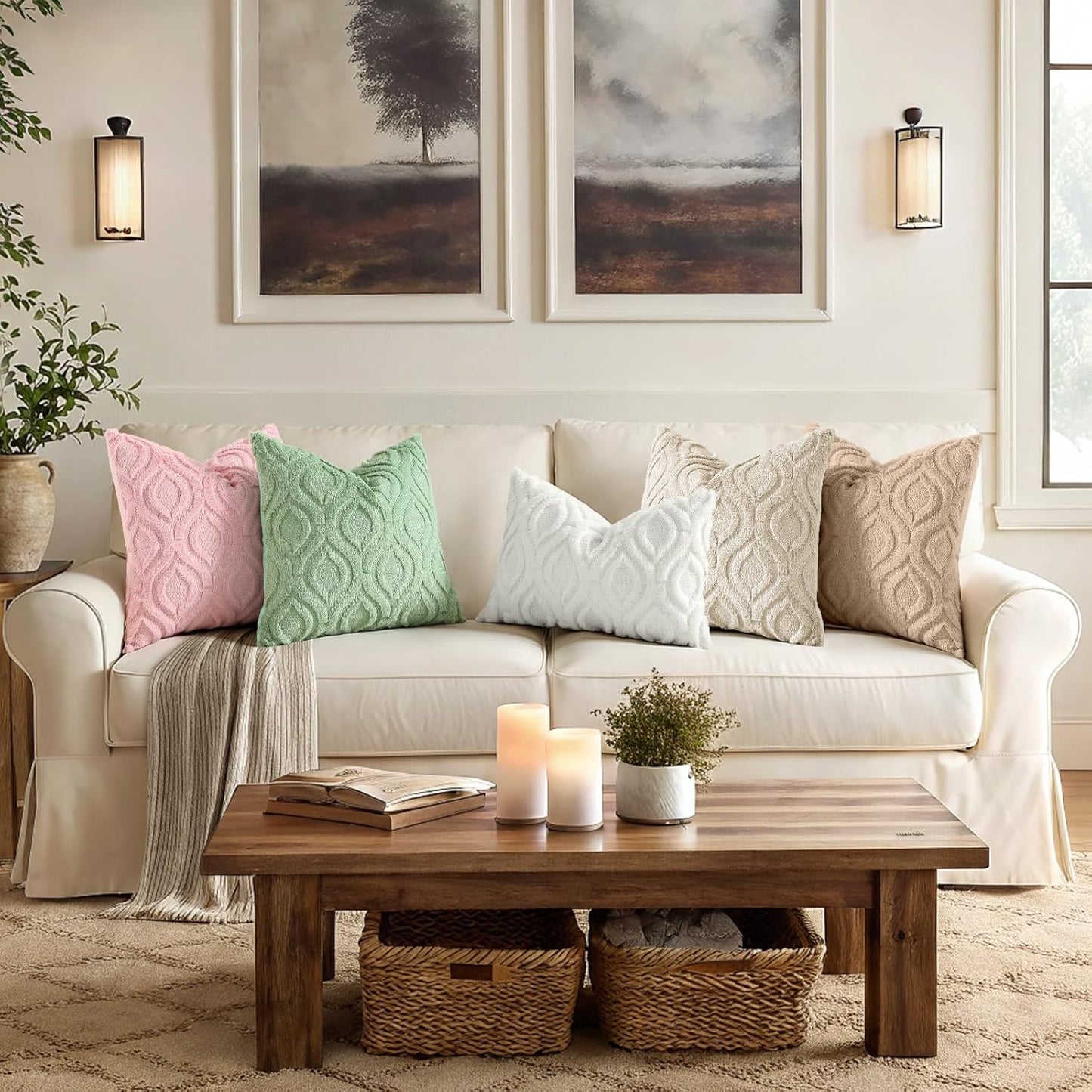 decorUhome Cozy Textured Throw Pillow Covers 18x18 Inch Set of 2, Soft Plush Faux Wool Beige Accent Couch Pillow Covers for Modern Farmhouse Sofa Bed Living Room