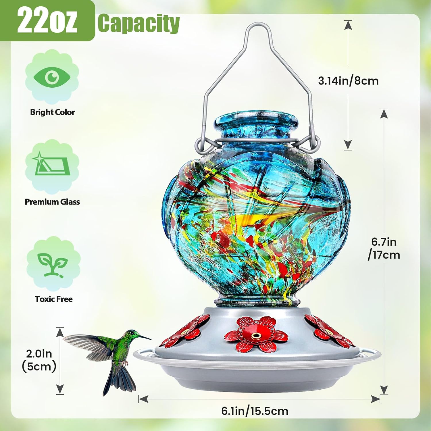 BOLITE Hummingbird Feeder, Hand Blown Glass Hummingbird Feeders for Ou