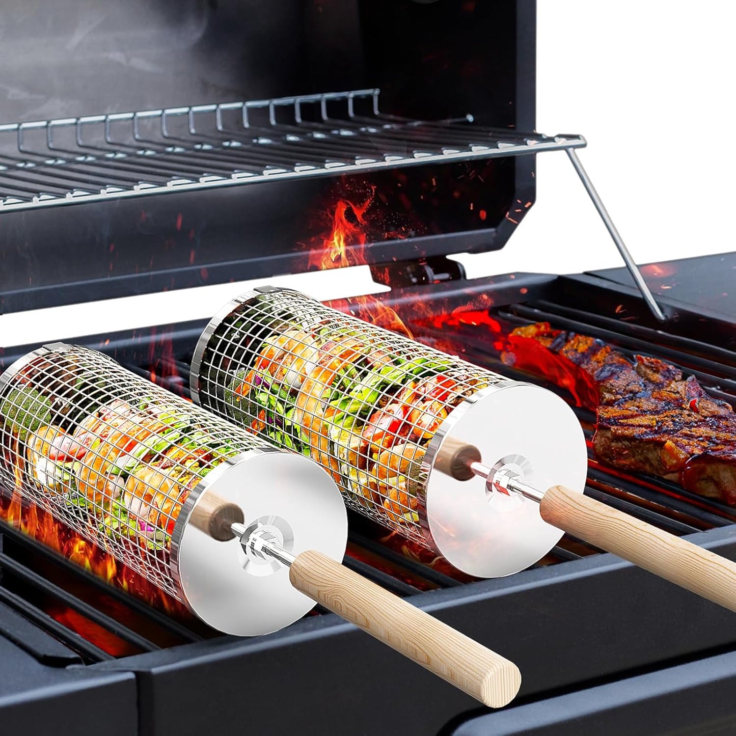 Rolling Grill Basket, Removable Wooden Handle, 304 Stainless Steel, Ne