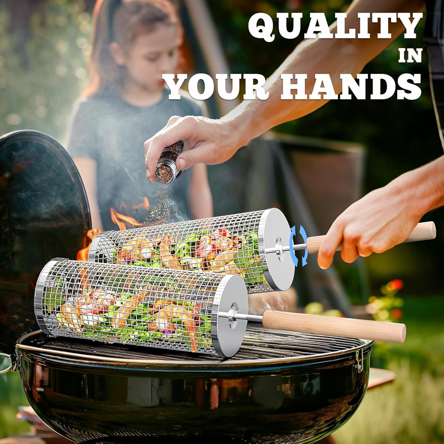 Rolling Grill Basket, Removable Wooden Handle, 304 Stainless Steel, Ne