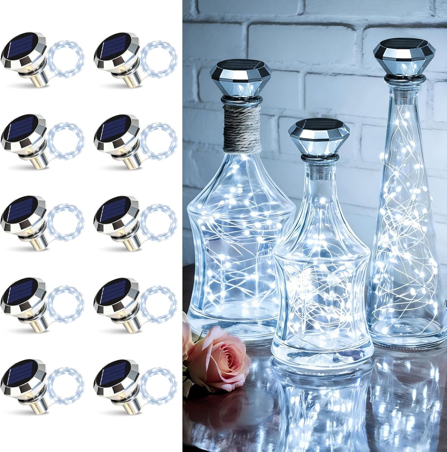 ANGMLN Solar Diamond Shaped Wine Bottle Cork Lights 10 Pack Solar String Fairy Lights Outdoor Waterproof for Wedding Holiday Garden Patio Pathway Bar Concert Indoor Outdoor Decorative (Cool White)