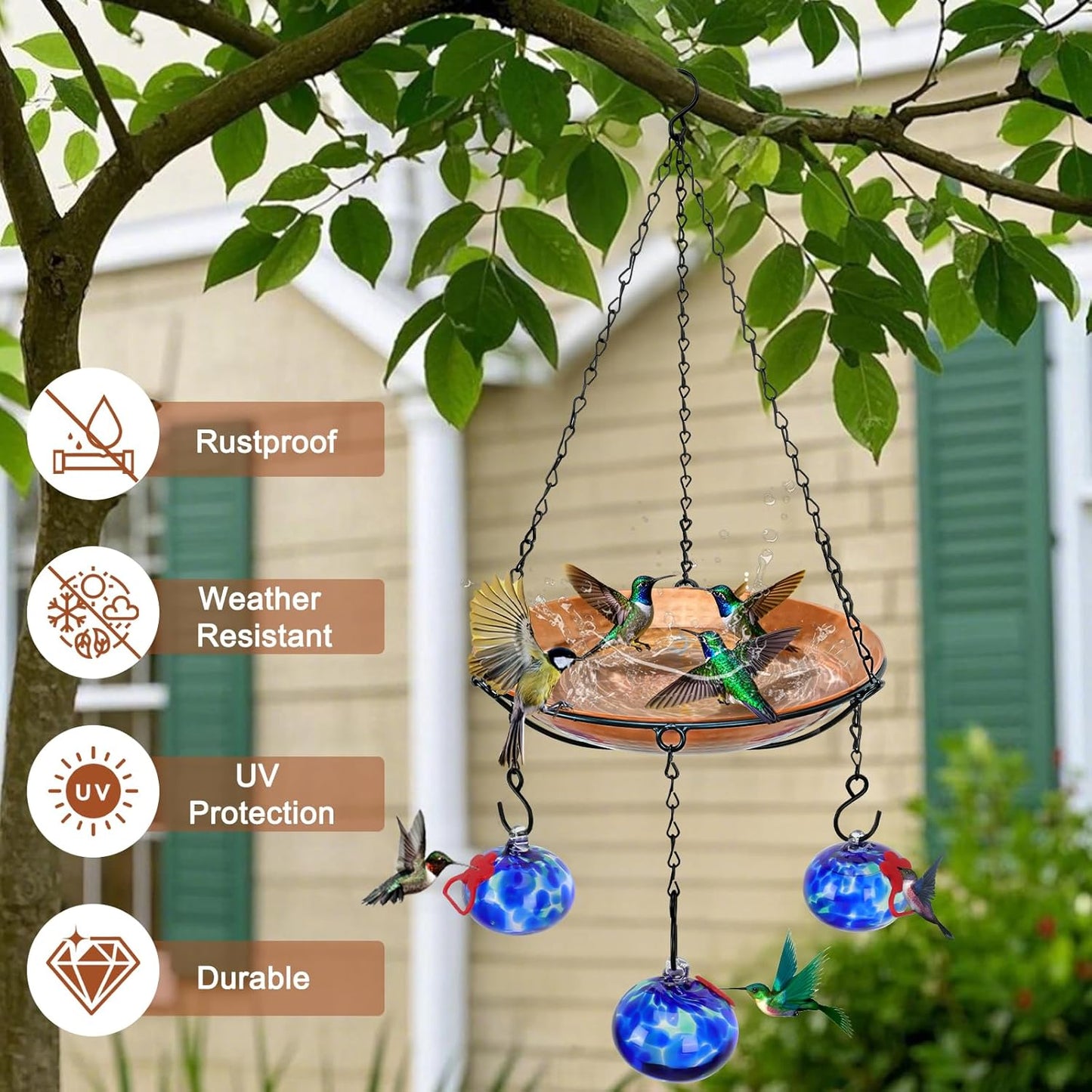 Wind Chimes Hanging Bird Feeders for Outdoors ＆ Bird Bath ＆ Hummingbird Feeders for Outdoors 3-in-1,Hand Blown Glass Hummingbird Feeder Balls,Detachable Feeder ＆ BirdBath(11in)(Phoenix Tail Blue)