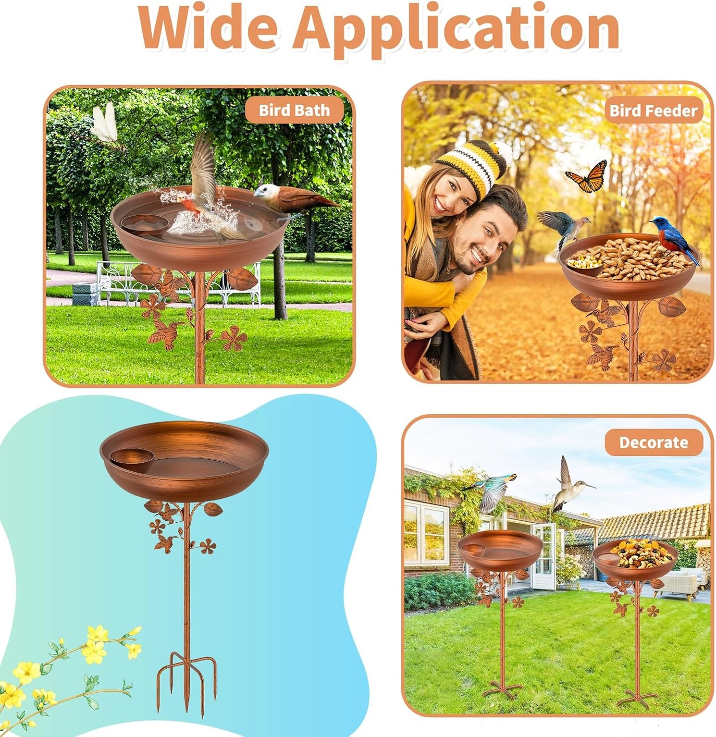 Metal Bird Bath for Outdoors Garden Birdbath Bowl, 39.6" Height Bird Feeders for Outside with 5 Prongs Base Stake, Standing Birdfeeders for Yard Lawn Decor (Vintage Copper-2-in-1)