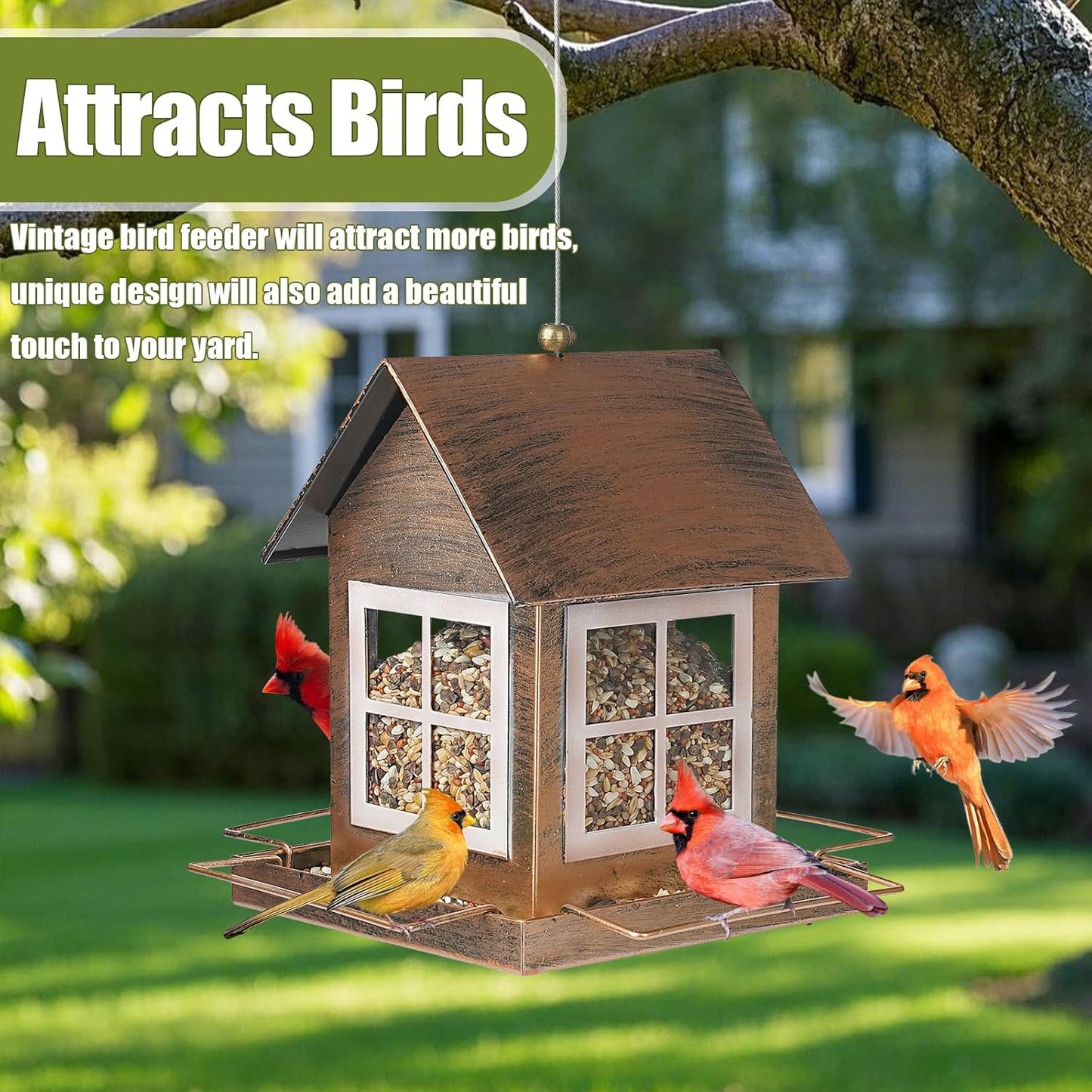 Bird Feeders, Heavy Duty Metal Bird Feeder for Outdoors Hanging, Weatherproof Large Capacity Wild Birdfeeder for Outside Garden Yard, Country House Shape