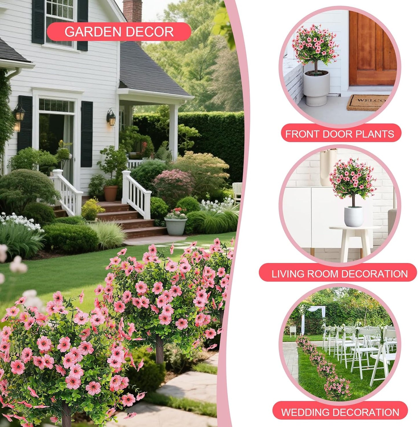 Set of 2 Artificial Shrubs for Outdoors UV Resistant Fake Bushes for Porch Balcony Patio Garden Yard Decor 17.7 Inches (Pink)