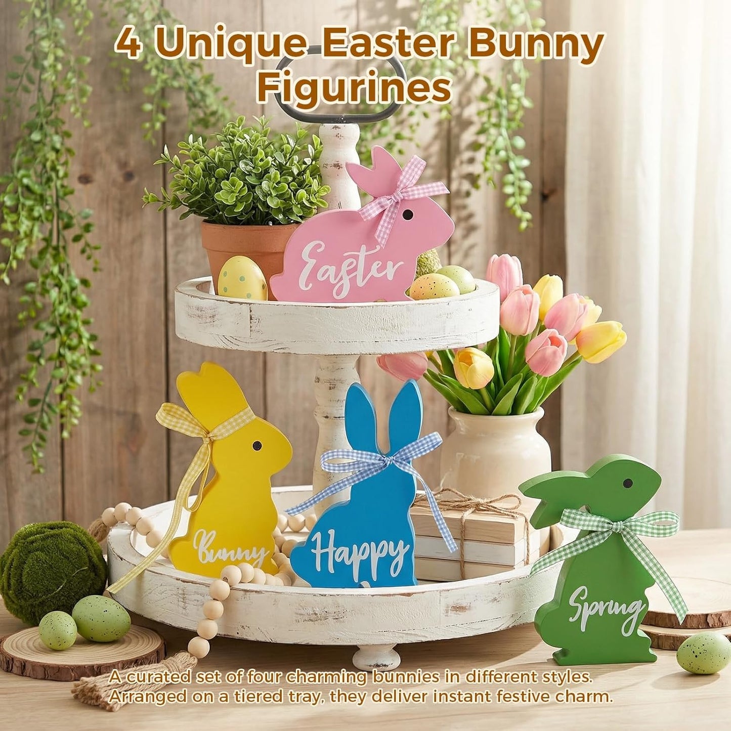 Easter Decor, 4 Pcs Bunny Spring Easter Decorations for Home Office Table, 5~6.4 Inches Wood Rabbit Easter Decorations Sign with Ribbons for Tiered Tray Mantel Shelf, Farmhouse Party Supplies