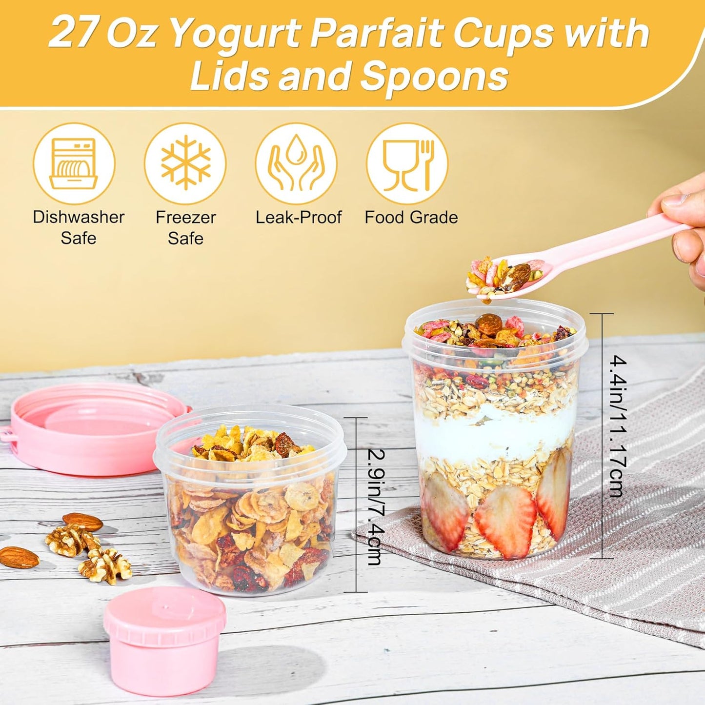 Vtopmart 4 Pack 27oz Yogurt Parfait Cups with Lids and Spoons, Overnight Oats Containers, Reusable Topping Compartment for Breakfast with Yogurt, Cereal or Oatmeal On-the-Go