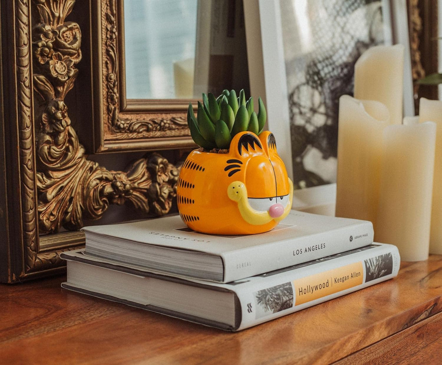Garfield 4-Inch Ceramic Planter with Artificial Succulent | Cute Flower Pot, Faux Indoor Plants