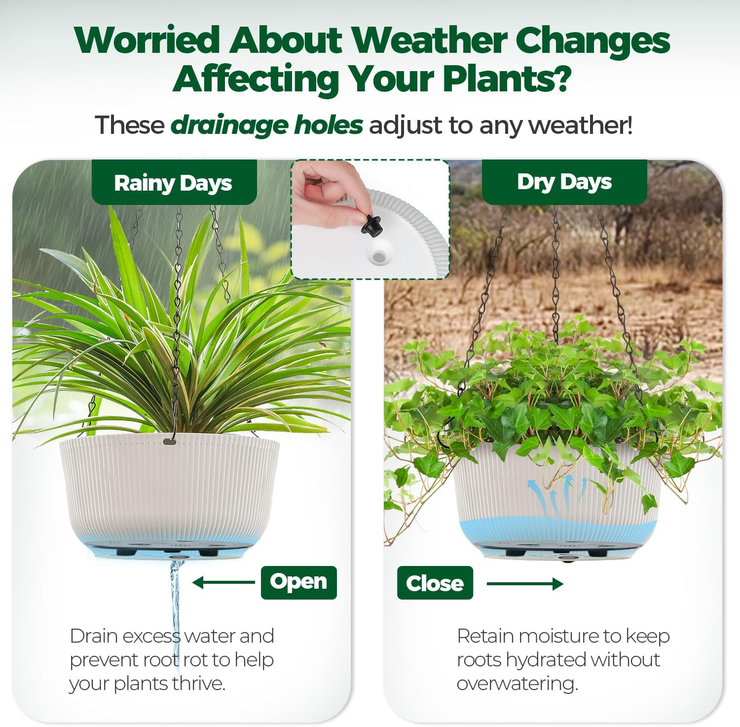 T4U 10 Inch Hanging Planters for Indoor Plants, 2 Pack White Self Wate