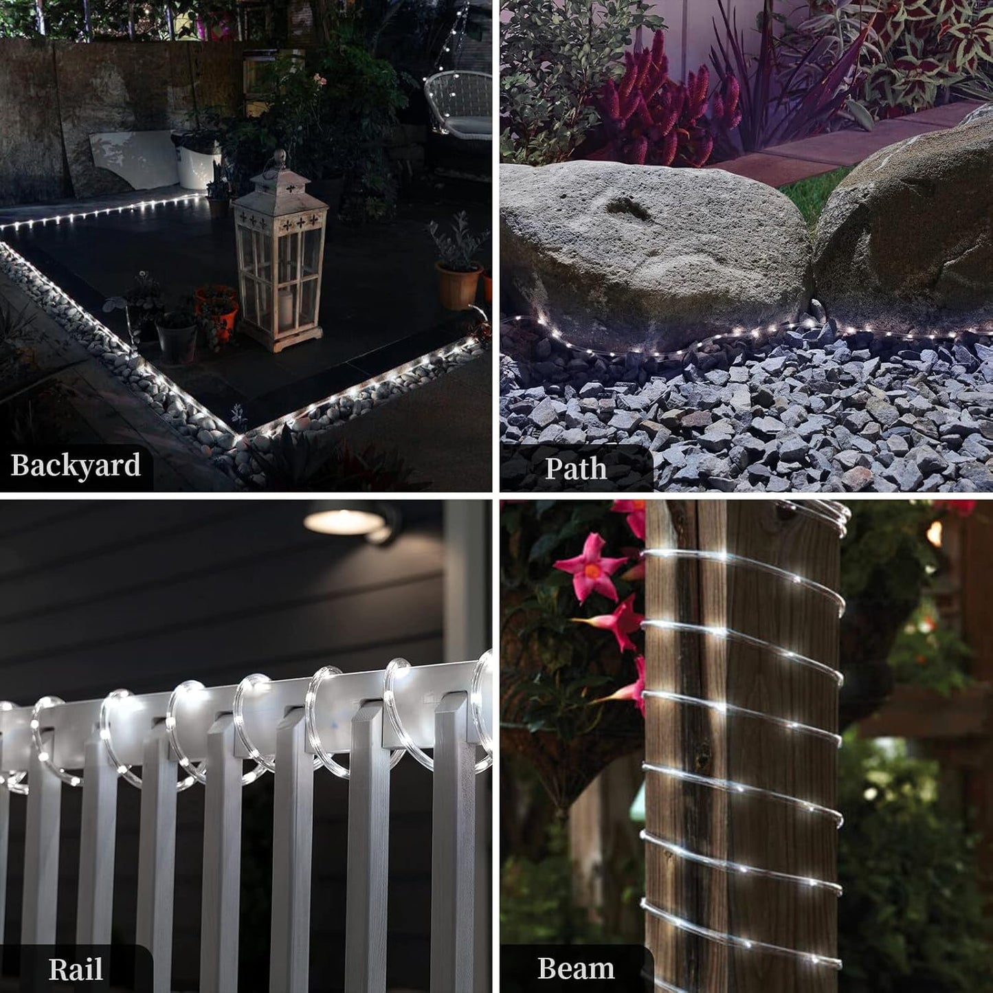 ANJAYLIA 33FT 100 LED Solar Rope Lights Outdoor Waterproof, Solar Powered Rope String Lights with 8 Modes for Outdoor, Patio, Garden, Camping, Holiday & Christmas Décor Cool White