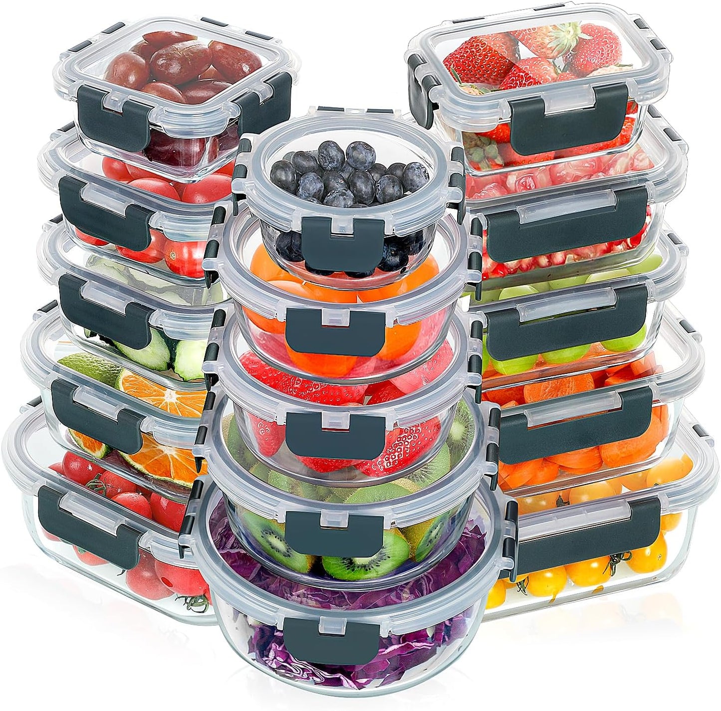 VERONES 30 Pieces Glass Meal Prep Containers Set, Stackable Glass Food