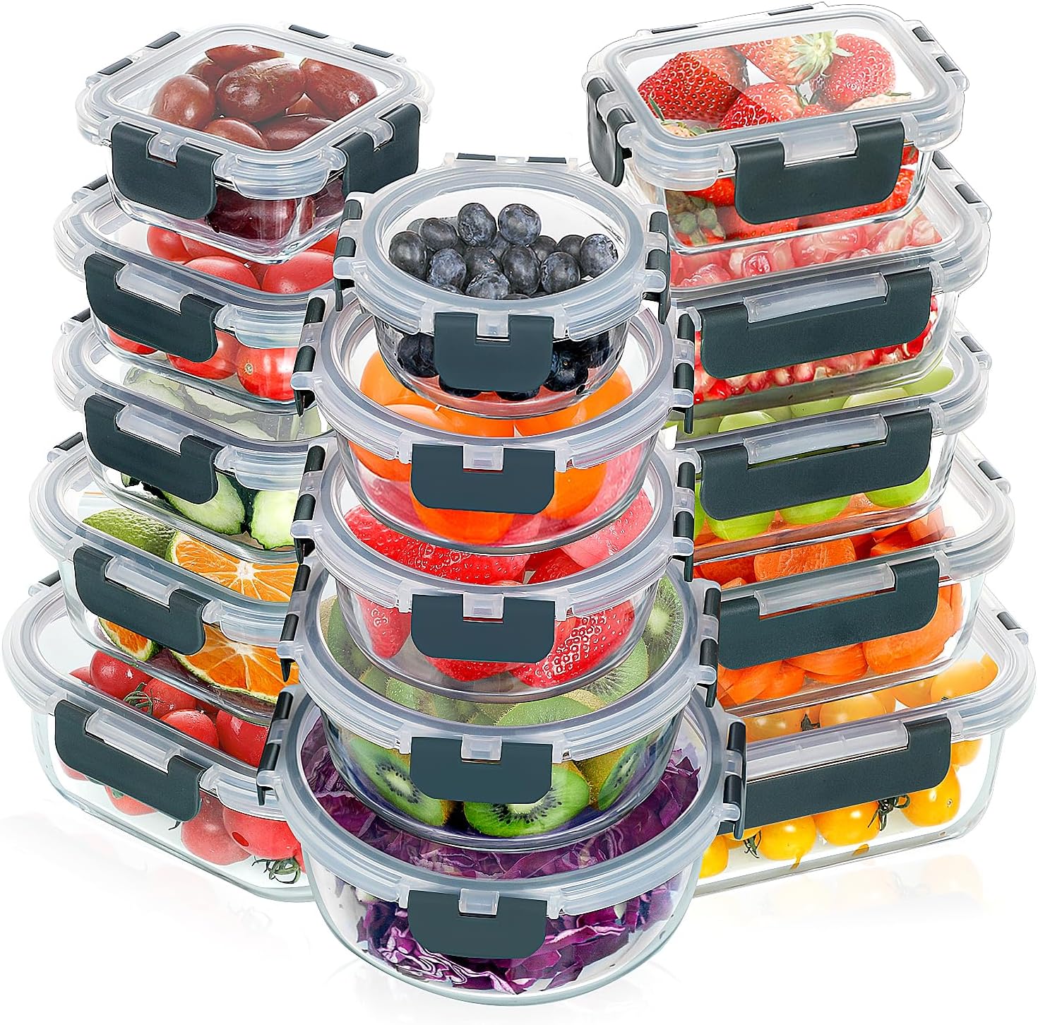 VERONES 30 Pieces Glass Meal Prep Containers Set, Stackable Glass Food