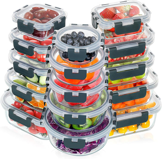 VERONES 30 Pieces Glass Meal Prep Containers Set, Stackable Glass Food