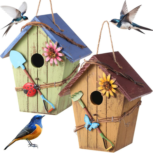 2 Pcs Birdhouses for Outdoor Hanging Yard Outside Wooden Birdhouse Hand Painted Bird Box for Bird Lovers Bluebird Tree Garden Decor Decorative Birdhouse(Bright Color,Wooden Roof)