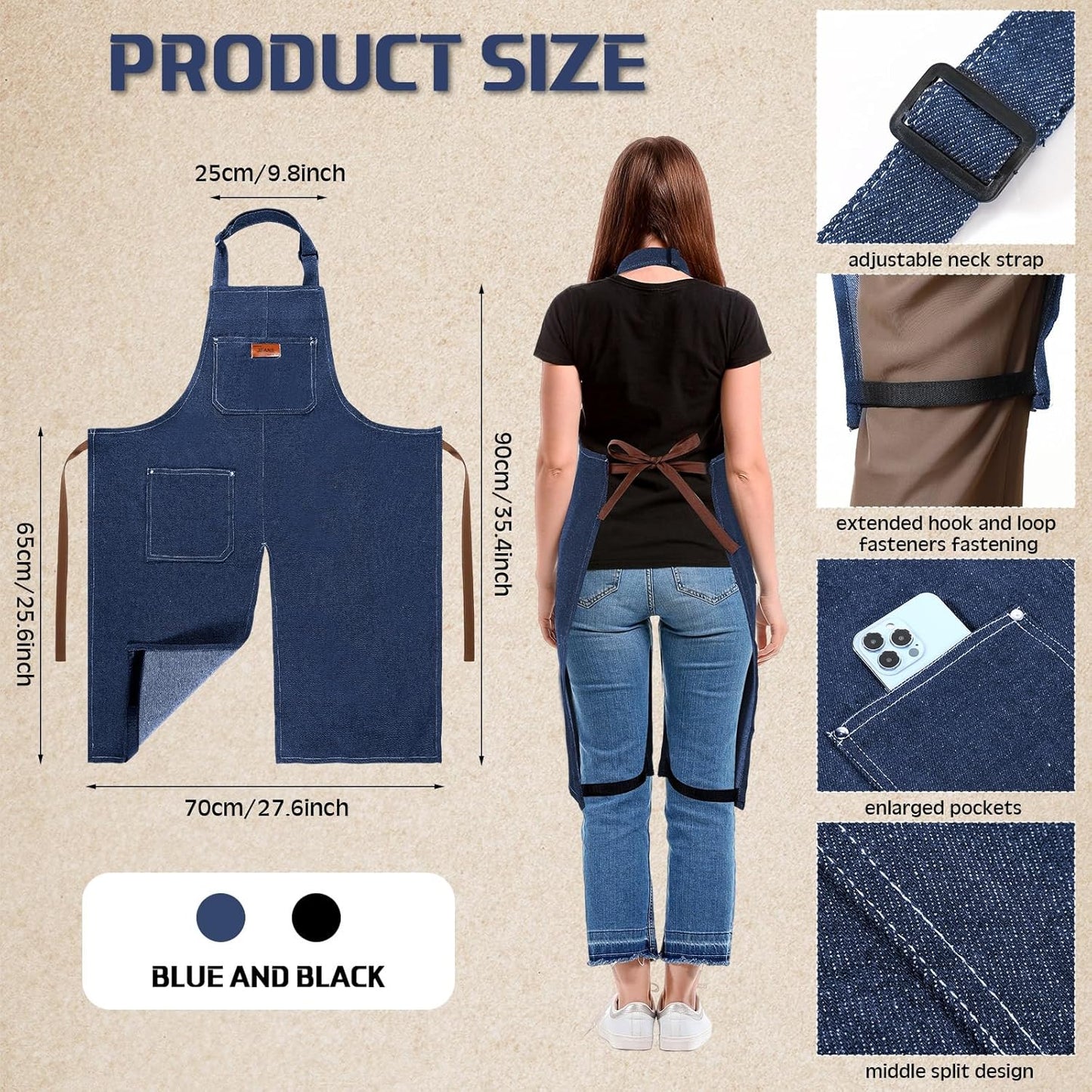 Cuffbow 2 Pcs Pottery Apron 35.4 x 27.6'' Denim Split Leg Apron with Tool Pockets Adjustable Strap Artist Potters for Ceramics Clay Tattoo Painting DIY, Blue, Black