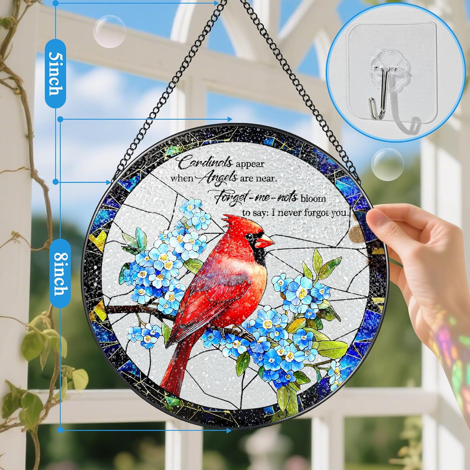 Cardinal Stained Glass Window Hanging, 8 Inch Sun Catchers Indoor Wind