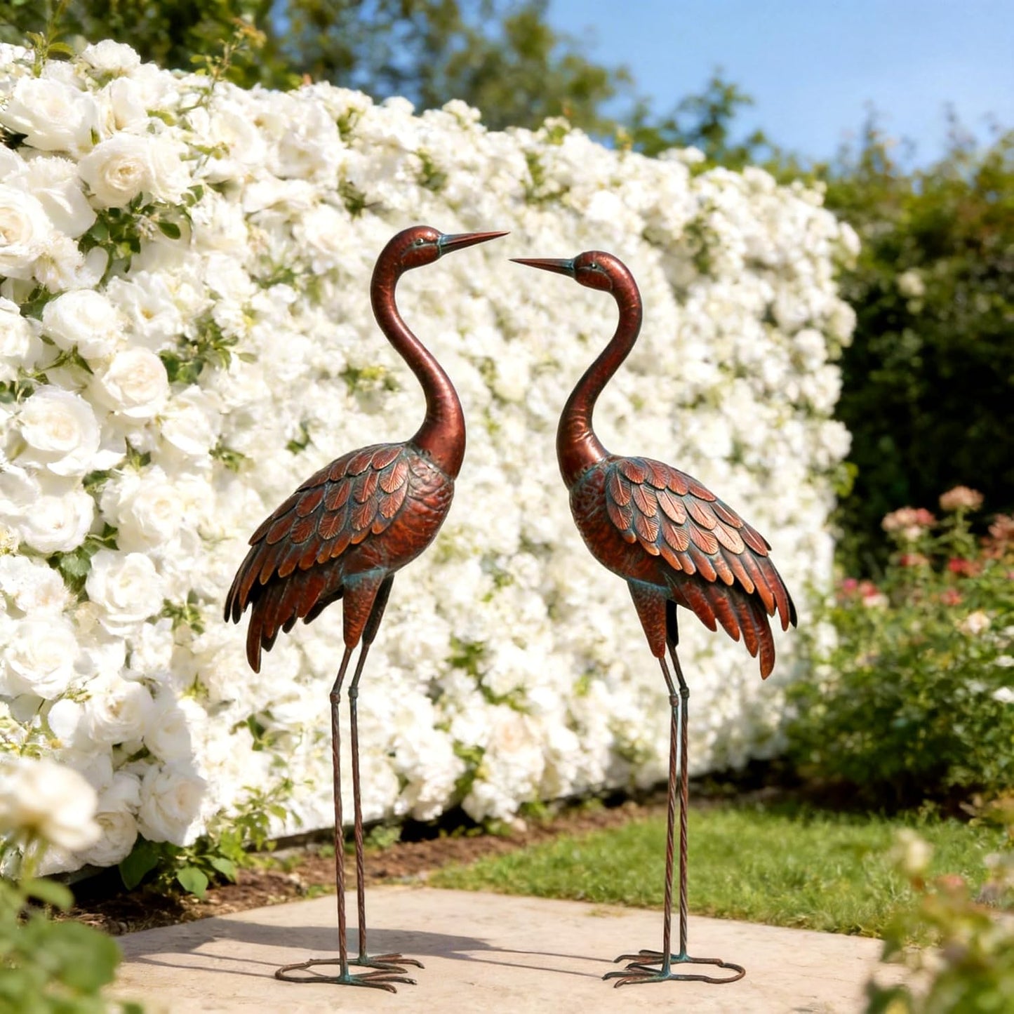 chisheen 2PCS Garden Crane Statues Outdoor Sculptures Metal Yard Art Statue for Garden Decoration Large Size Set of 2